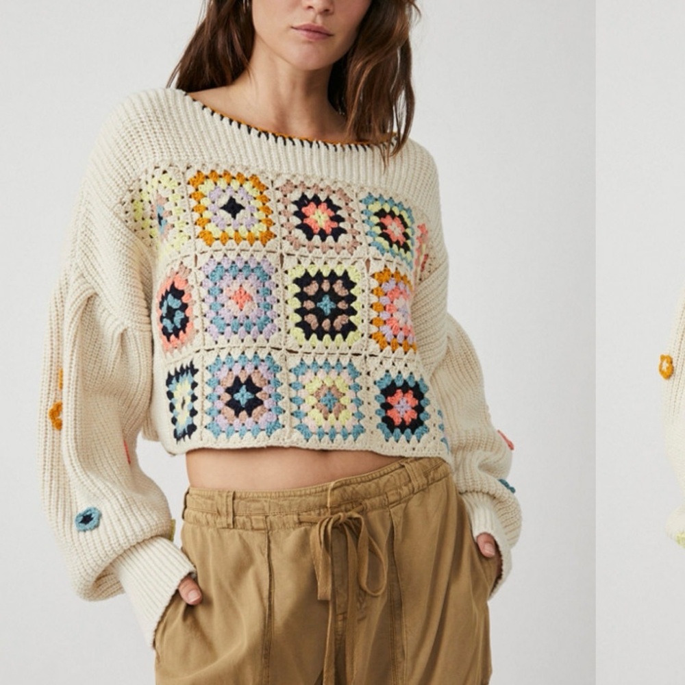 Free people Colorful Crochet Patchwork Sweater